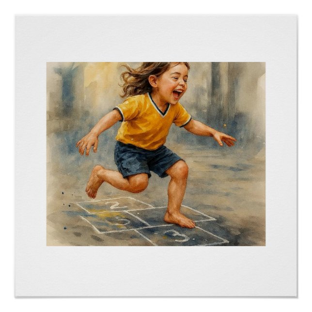 Póster Criança Alegre Brincando de Amarelinha,  (Frente)