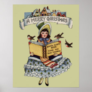 Poster Criança Antiga com o Livro do Papai Noel