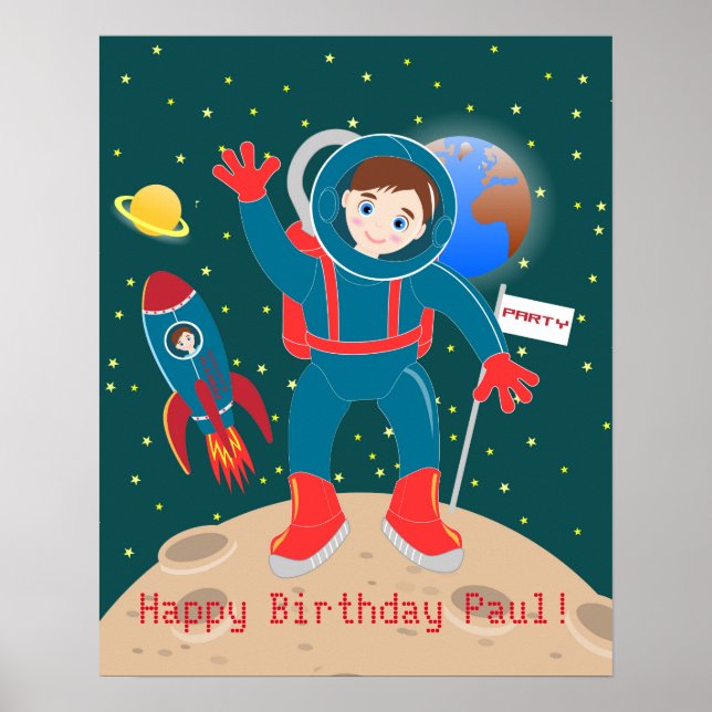 Póster Criança astronauta na festa de aniversário da lua (Frente)