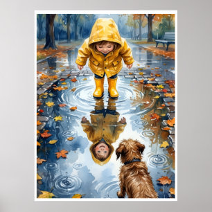 Poster Criança com Capa Amarela de Chuva em Poça com Cach