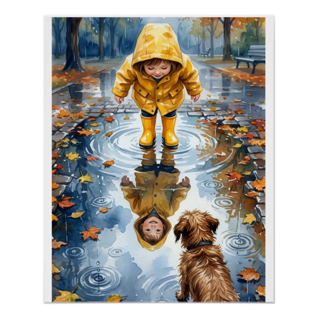 Póster Criança com Capa Amarela de Chuva em Poça com Cach (Frente)