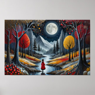 Poster Criança com casaco vermelho explorando floresta ca