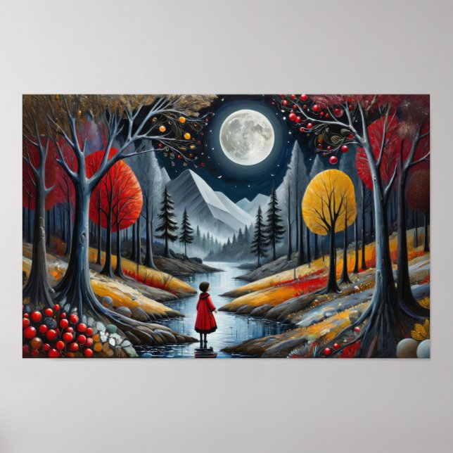 Poster Criança com casaco vermelho explorando floresta ca (Frente)
