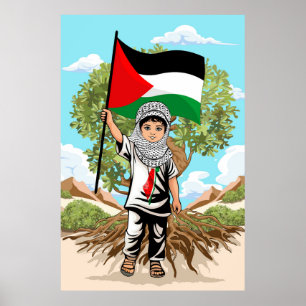 Poster Criança com Keffiyeh Palestine Flag e Olive Tree