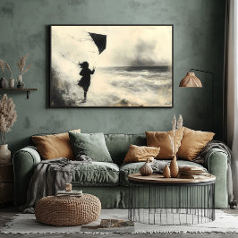 Poster Criança com pipa pelo mar na arte do carvão