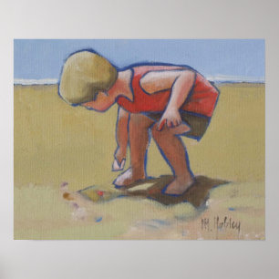 Póster Criança de praia encontrando casca na areia