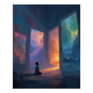 Póster Criança Diante de Portais de Mundos Coloridos