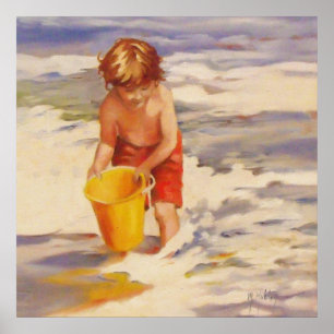 Póster Criança do menino da praia em ondas de oceano