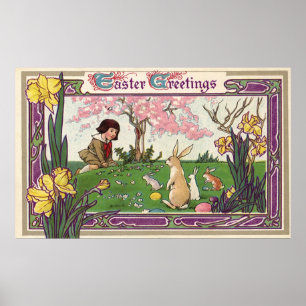 Póster Criança do vintage em uma caça do ovo da páscoa
