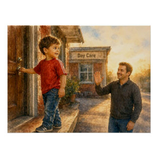 Póster Criança entrando na creche com o pai,