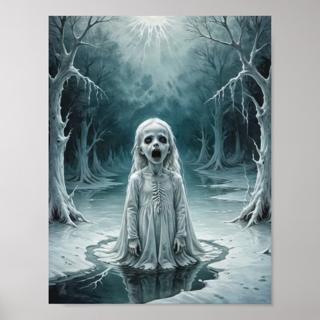 Poster Criança fantasma amaldiçoada emergindo de um lago  (Frente)