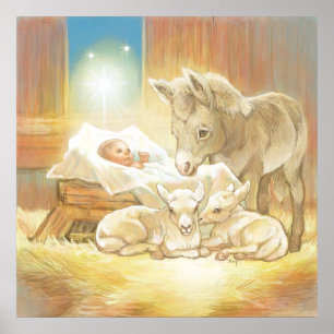 Póster Criança Jesus Natividade com Lambs e Donkey