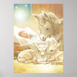 Poster Criança Jesus Natividade com Lambs e Donkey