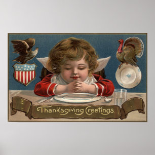 Póster Criança que Praying na Comensal-Mesa