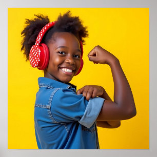 Poster Criança sorridente com Fones de ouvido vermelhos N