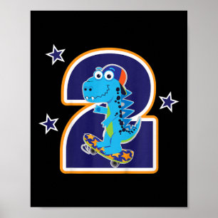 Poster Crianças 2º Aniversário Dinossauro Divertido Skate