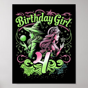 Poster Crianças: 4.º aniversário Bruxa rosa e verde 4 ano