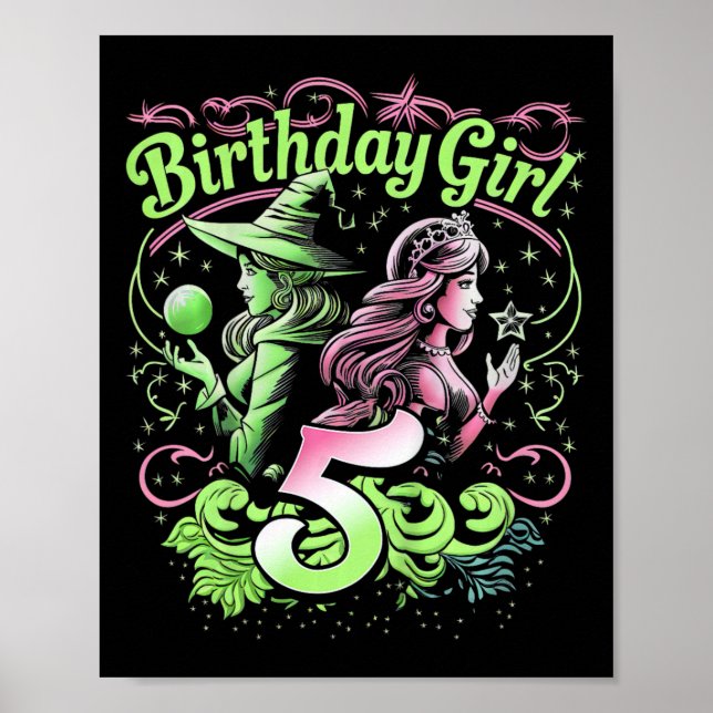 Poster Crianças 5 bruxas de aniversário rosa e verde de 5 (Frente)