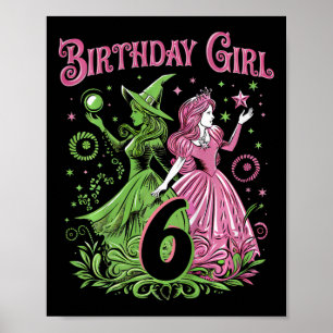 Poster Crianças 6 bruxas de aniversário rosa e verde de 6
