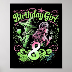 Poster Crianças: 8º aniversário Bruxa rosa e verde de 8 a