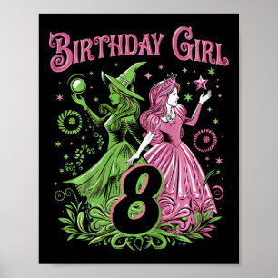 Poster Crianças: 8º aniversário Bruxa rosa e verde de 8 a
