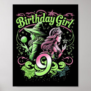 Poster Crianças 9º aniversário Bruxa rosa e verde de 9 an