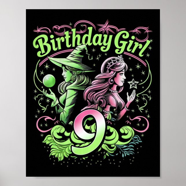 Poster Crianças 9º aniversário Bruxa rosa e verde de 9 an (Frente)