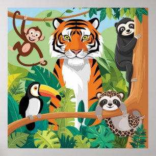 Poster Crianças Animais Cortados, Macaco-Macaco-Tigre-Sel
