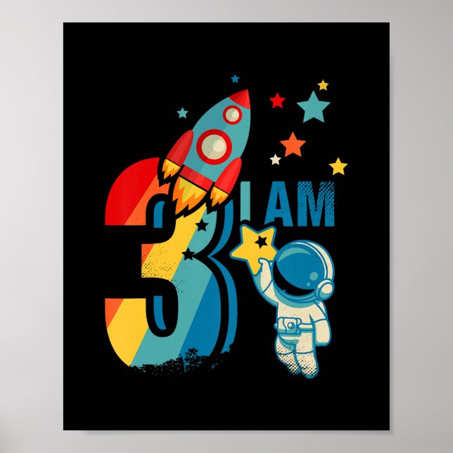Poster Crianças aniversário de 3 anos Astronauta Espacial (Frente)