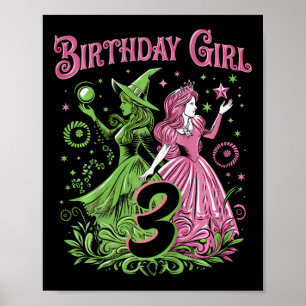 Poster Crianças aniversário de 3 anos Bruxas Rosa E Verde