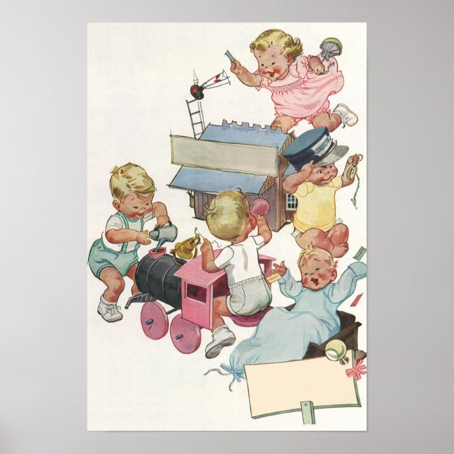 Póster Crianças Antigas se Divertindo com Trens de Brinqu (Frente)