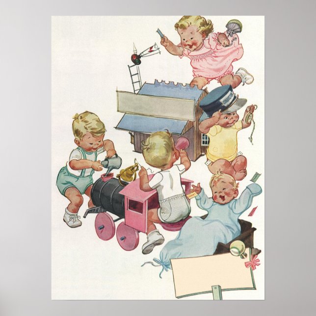 Póster Crianças Antigas se Divertindo com Trens de Brinqu (Frente)