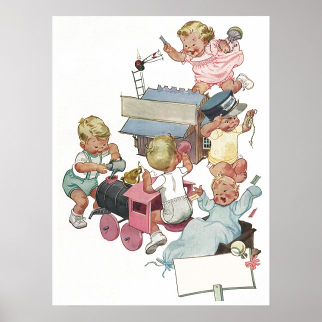 Póster Crianças Antigas se Divertindo com Trens de Brinqu (Frente)