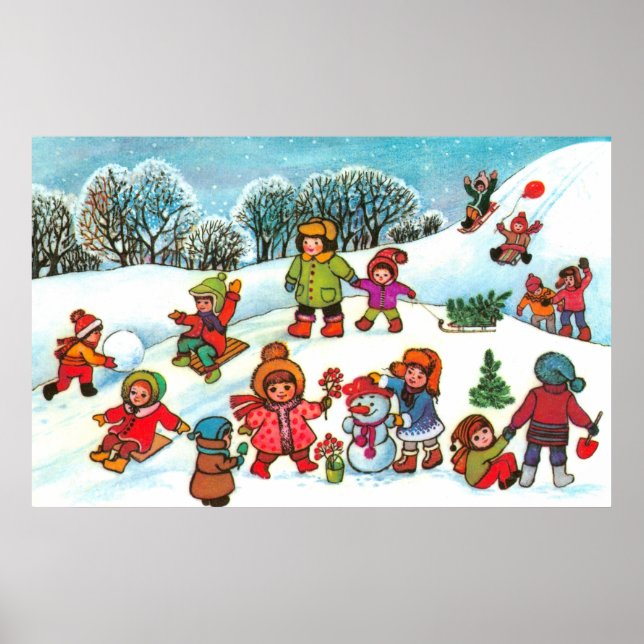Póster Crianças brincando na neve (Frente)