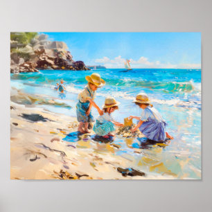 Poster Crianças Brincando na Praia - Arte Impressionista