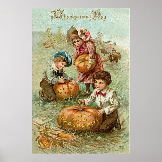 Poster Crianças Carving Pumpkins Turquia Haystack Corn (Frente)