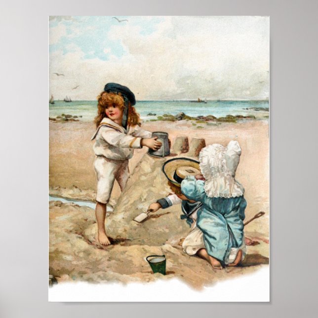Poster Crianças constroem Vintage Sandcastle (Frente)