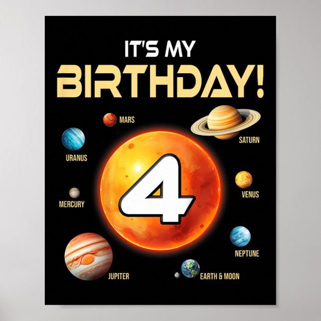 Poster Crianças Cute Solar System 4º Aniversário Quatro A (Frente)