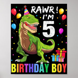 Poster Crianças de 5 anos 5 de aniversário Garoto T Rex D