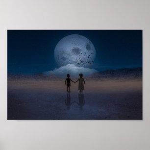 Poster Crianças de mãos dadas na lua
