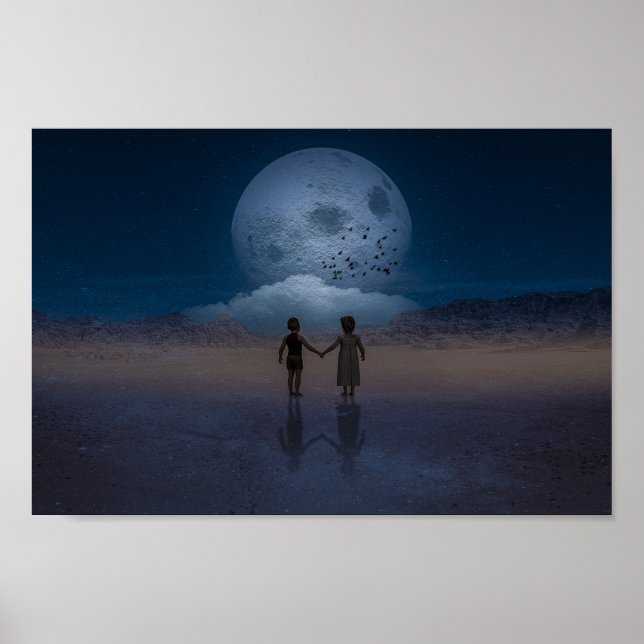 Poster Crianças de mãos dadas na lua (Frente)