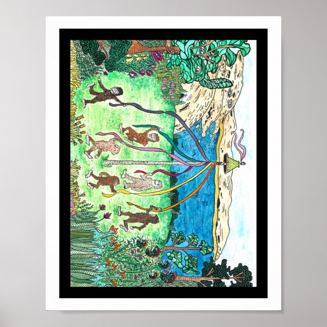 Poster Crianças de pés grandes dançando ao redor de um ma (Frente)