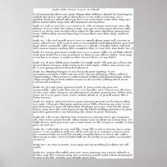 Póster Crianças de Regras Não Aprenderão (Frente)