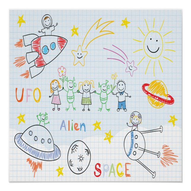 Póster Crianças desenhando,espaço,aliens,universo,fofo,cr (Frente)
