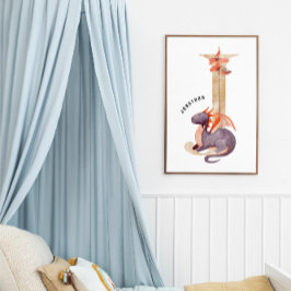 Poster Crianças Dragão Nome Personalizado Monograma J Sal