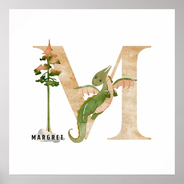 Poster Crianças Dragão Nome Personalizado Monograma M Sal (Frente)