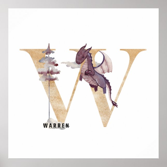 Poster Crianças Dragão Nome Personalizado Monograma W Sal (Frente)