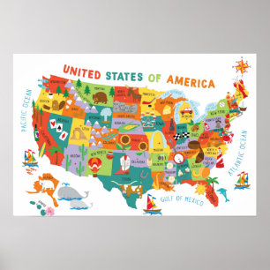 Poster Crianças EUA Mapeiam Cartoon Whimsical Art Estados