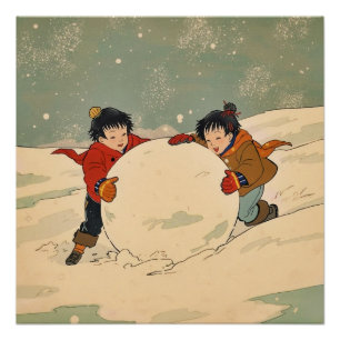 Póster Crianças japonesas rolando uma grande bola de neve