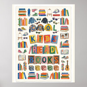 Poster Crianças Legais Lêem Livros Cartaz Aquarela